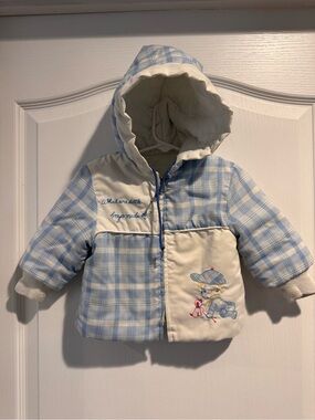 Vintage Hooded Puffer Jacket with Embroidered Baby and Puppy